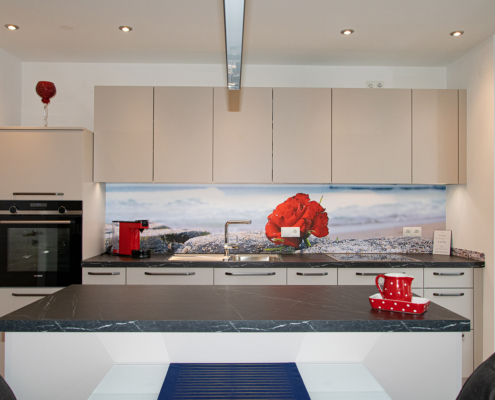 Moderne offene Wohnküche in Trendfarben mit Foto-Arbeitsplattenrückwand